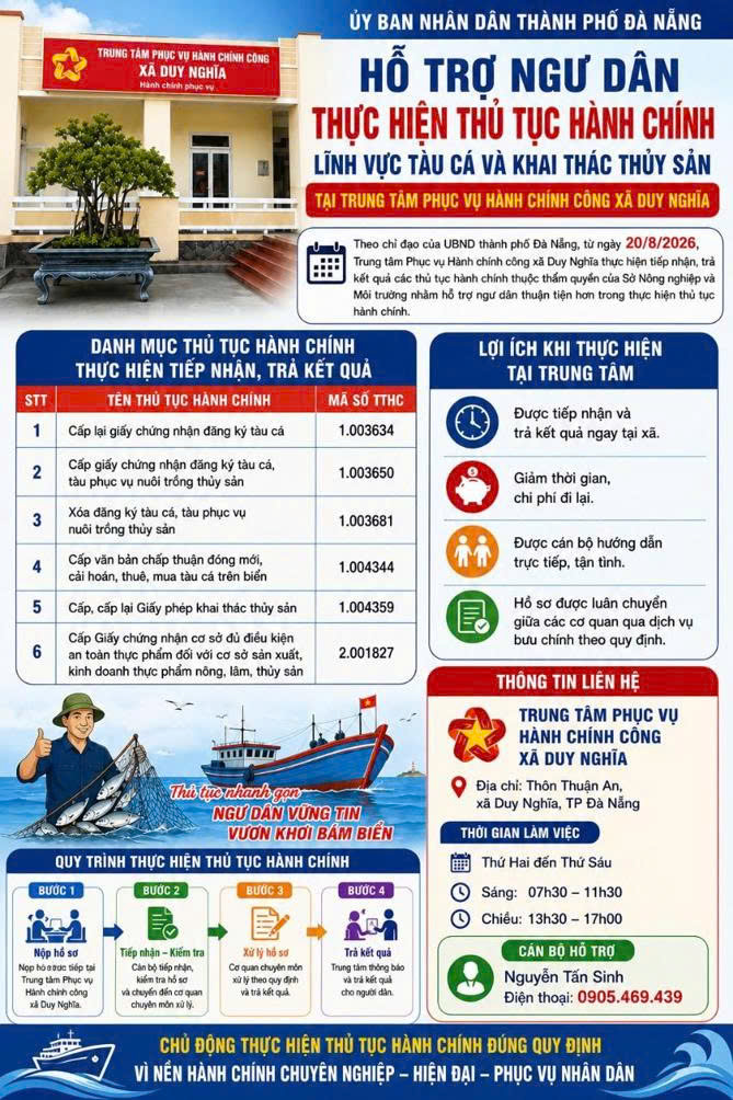 Trung tâm Phục vụ hành chính công xã Duy Nghĩa tiếp nhận thủ tục hành chính liên quan đến tàu cá và khai thác thủy sản